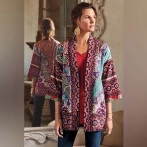 Soft Surroundings Kimono Jacket Bohemian Floral Print Blue Red Size L